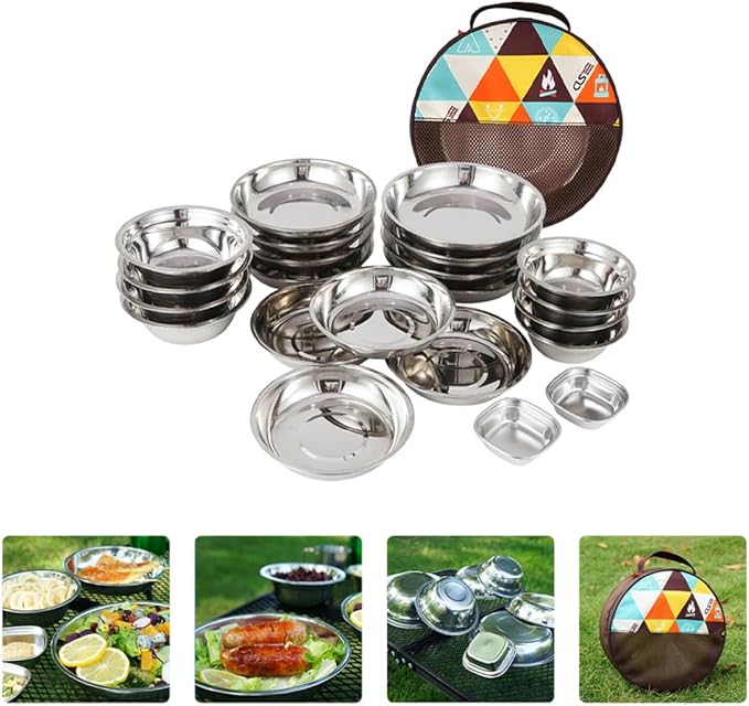 Portable Outdoor Camping Tableware Food-Grade Stainless Steel Plates Bowls Cutlery with Storage Bag Lightweight Compact Dining Tools for Hiking Picnic Rv and Travel