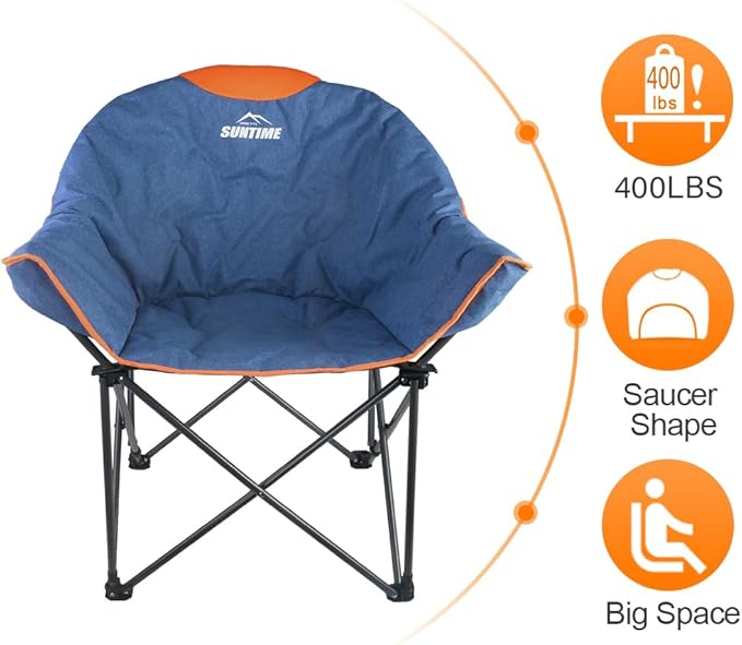 OUTDOOR LIVING SUNTIME Oversized Padded Camping ChairPortable Comfy Outdoor Folding Moon Round Saucer Chairs for Adults with Holder and Carry Bag Perfect for Hiking Lawn Patio Sports（Denim 2 Pack）
