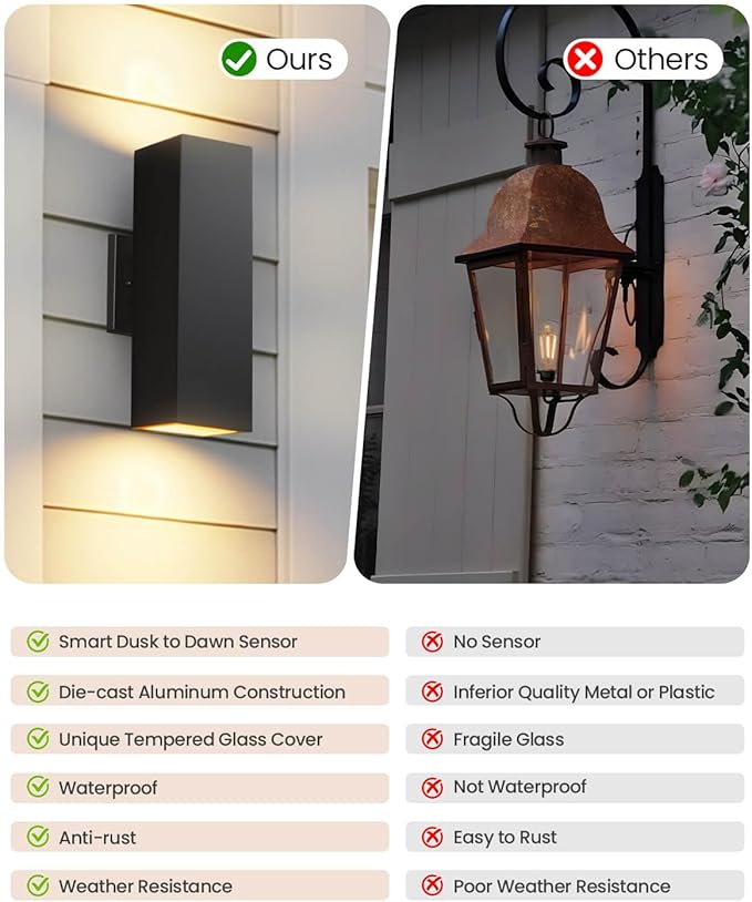 SHIMR Dusk to Dawn Outdoor Lighting 2 Pack Modern Exterior Lighting Fixtures Wall Mount with E26 Base Aluminum Anti-Rust Outdoor Sconce Lights Up and Down Outside Lights for House Porch Garage