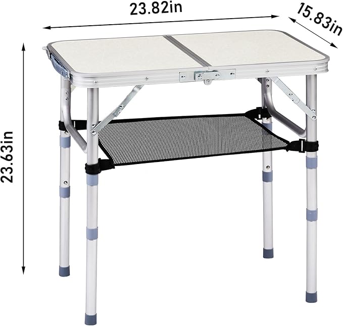 Portable Aluminum Folding Camping Table3-Height Adjustable Lightweight Outdoor Table with Mesh Storage Carry Handle for Picnic BBQ Beach Hiking (White 2ft)
