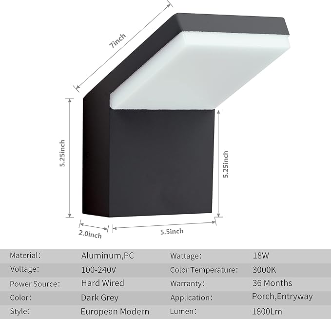 Wall Light Outdoor LED Wall Mount Lamp Modern Wall Sconce Lighting Lantern Fixture Dark Grey Aluminum Lights for Porch Front Door Garden Yard Patio IP65 Waterproof 18W 1800Lm 3000K