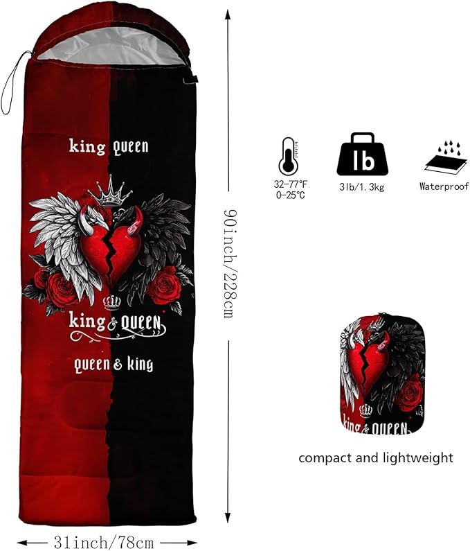 AILONEN 3D Printed Sleeping Bag 90x31 Weatherproof Lightweight Sleeping Bag with Portable Bag King Queen Red Black Heart Crown Theme for Camping Hiking Outdoor Adventures
