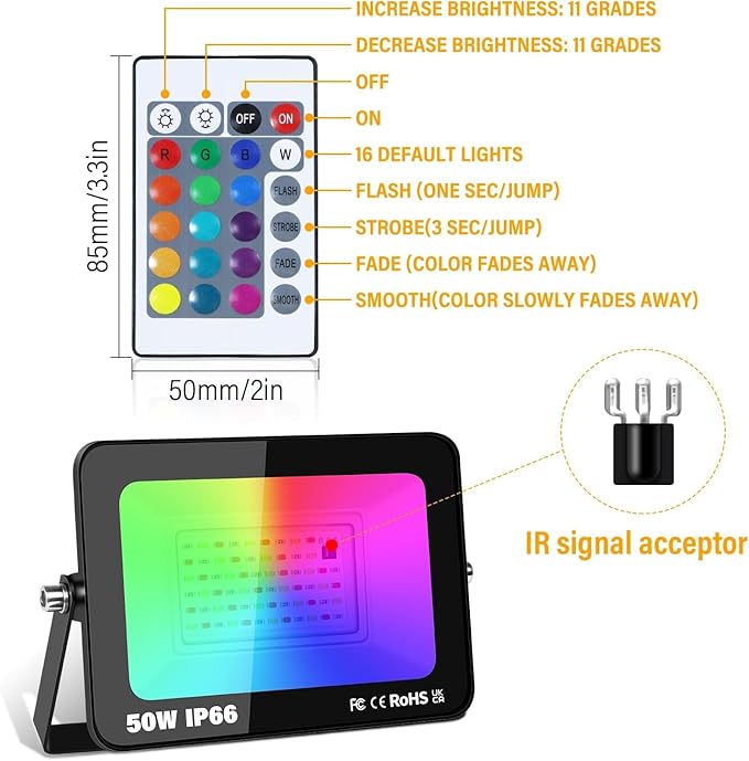 LED Flood Light Outdoor 50W 500W Equivalent RGB Color Changing Floodlight with Remote 16 Colour Changing IP66 Waterproof Control for Garden Party Stage Landscape (4 Pack)