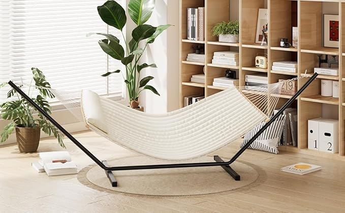 Double Hammock with Stand for Outdoor Heavy Duty Portable Hammock with Adjustable Steel Stand for Patio Garden Beach Backyard Off White