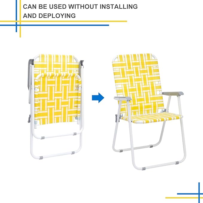 Set of 2 Folding Patio Lawn Chairs Modern Yellow PP Braided Beach Chairs High Back Seat Portable Camping Chairs for Yard Garden Beach Fishing