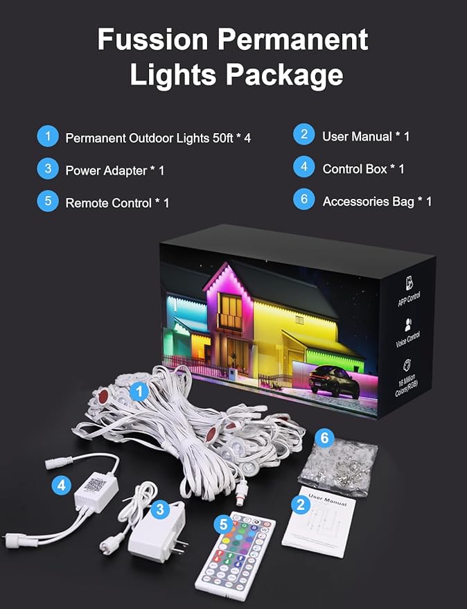 Fussion 200ft Permanent Outdoor Lights for House 2025 Smart RGB LED Outside Lights with APP Remote Control IP67 Waterproof Eternity Eaves Lighting for Christmas Halloween Holiday Party Daily