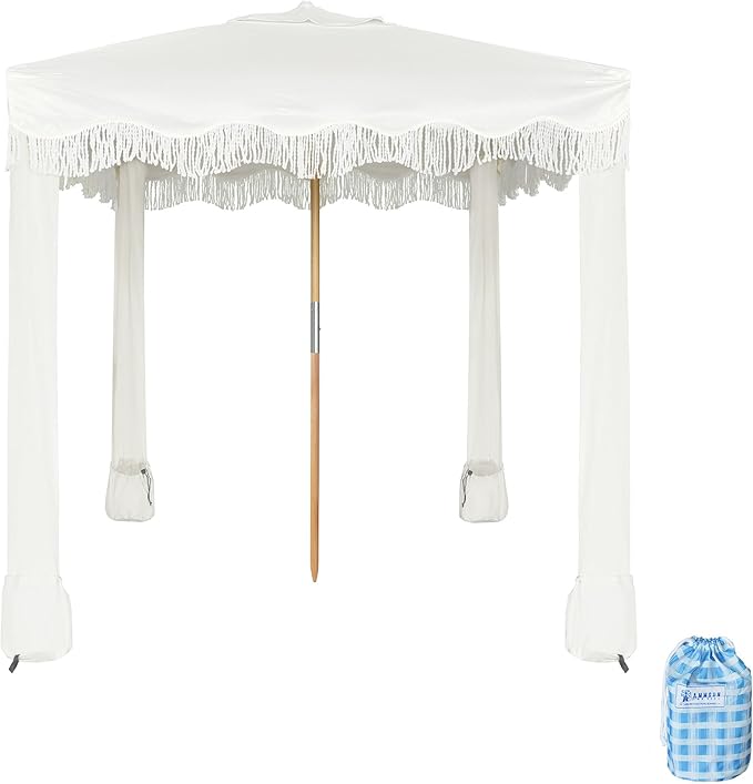 AMMSUN Beach Cabana with Beach Blanket 6.5' x 6.5' Boho Canopy with Tassels Premium Wood Pole Fringe Cabana Tent with Sand Pockets Instant Sun Shade for Sand Garden Outdoor Elegant White