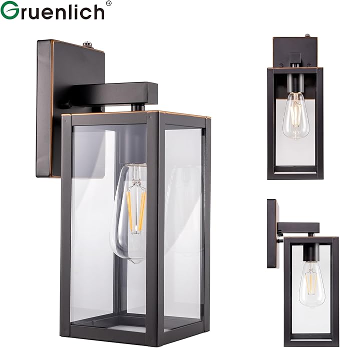 GRUENLICH Dusk to Dawn Large Outdoor Wall Lantern Wall Sconce as Porch Lighting Fixture E26 Base Max 60W Metal Housing with Glass Shade (Oil Rubbed Bronze 1-Pack)