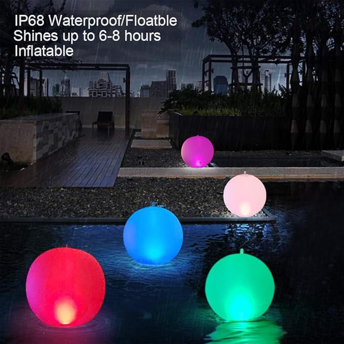 Rukars Floating Ball Pool Light Solar Powered 4 PCS 14 Inch Inflatable Hangable IP68 Waterproof Rechargeable Color Changing Led Glow Globe Pool