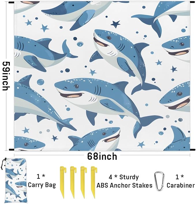 Waterproof Sandproof Beach Blanket 59''×68'' Ocean Sharks Polyester Outdoor Picnic Blanket with 4 Stakes &amp Storage Bag for BeachCampingVacation White