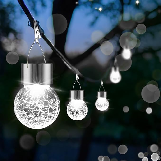 Solar Lights Outdoor Hanging Decorative Globe 8 Pack Waterproof Solar Lantern with Handle and Clip Solar Powered Glass Ball Lights for Garden Yard Fence Tree Umbrella Holiday Décor Cold White