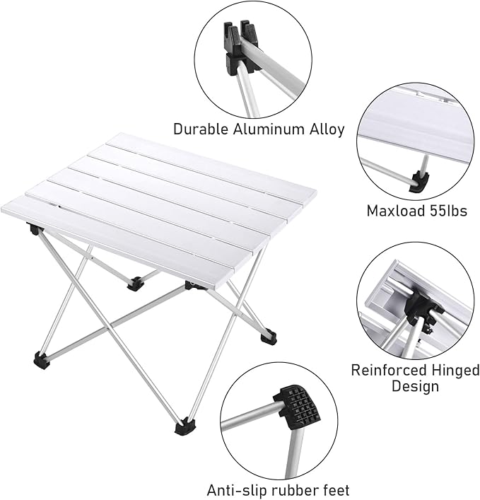 Tesouro Portable Camping TableFolding Side Table Aluminum Top for Outdoor Cooking Hiking Travel Picnic (Sliver-Large)