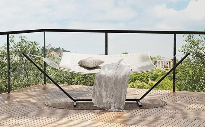 Double Hammock with Stand for Outdoor Heavy Duty Portable Hammock with Adjustable Steel Stand for Patio Garden Beach Backyard Off White