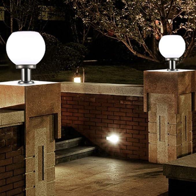 200MM Led Solar Post Light Outdoor Round Ball Landscape Light for Exterior House Garden Yard Patio Fence Deck White Random Base