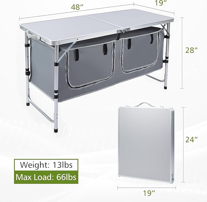 Camping Table Folding Camping Table with Storage Portable Kitchen Table Lightweight 3 Heights Adjustable Camping Furniture for BBQ Picnic Camping Hiking Beach and Indoor
