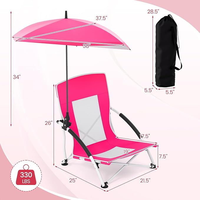 Giantex 2-Pack Low Folding Beach Chair with Detachable &amp Adjustable Umbrella Carrying Bag Padded Armrests Mesh High Back Load 330 LBS Anti-Slip Foot Pads Camping Chair for Picnic Lawn Pink
