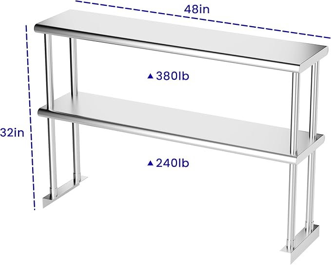 Double Overshelf of Stainless Steel 12'' x 48'' Commercial 2 Tier Shelf for Prep &amp Work Table in Restaurant Home and Kitchen (12x48)