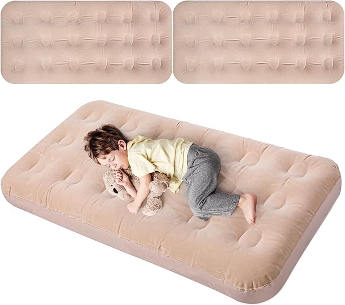 Geetery Kids Air Mattress Toddler Inflatable Airbed 55x27.6x8.7 Inch Foldable Comfort Flocked Blow up Bed with Patch Kit Portable Sleepover Mattresses for Home Travel Camping Party(Beige 2 Pcs)