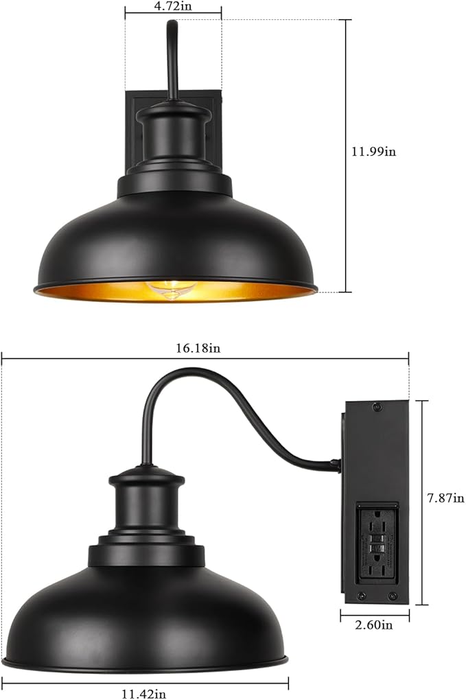 Outdoor Barn Light with GFCI Outlet Farmhouse Exterior Wall Sconce Light Vintage Wall Lighting Fixture Industrial Black Wall Lantern with Built in for Porch Entryway Garage Patio