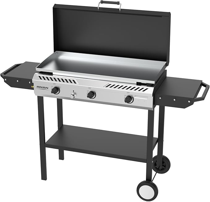 Bonnlo 2-in-1 Propane Stove and Griddle 3 Burner Outdoor Gas Cooker with Iginition Storage Shelf and Portable Wheels 225000BTU Output Camping Stove for Backyard Cooking BBQ Frying and Boiling