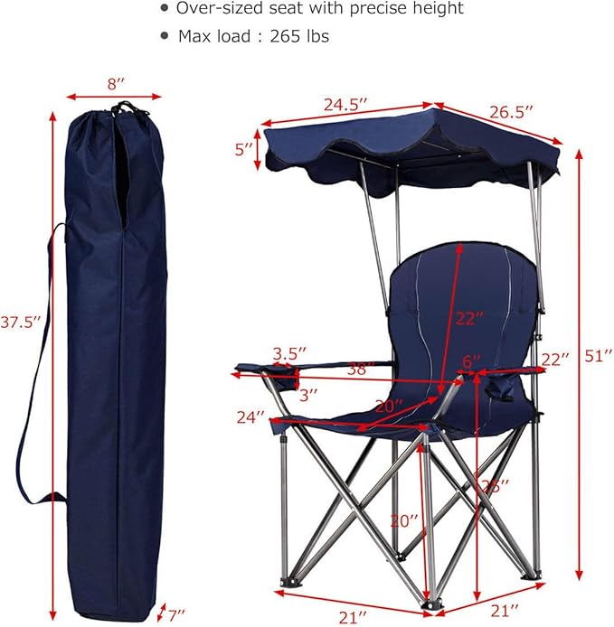 COSTWAY Portable Camping Chair with Canopy Outdoor Lawn Chair with Shade Carry Bag Cup Holder for Travel Picnic Beach (Blue)
