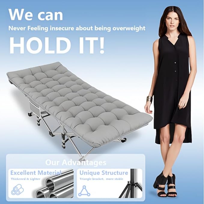 Oversized Heavy-Duty Outdoor Folding Bed with Side Pockets&ampMattress(Mini Model Optional)-755/655/55Lbs Super Capacity Camping CotGarden (Gray Utility (555lbs))