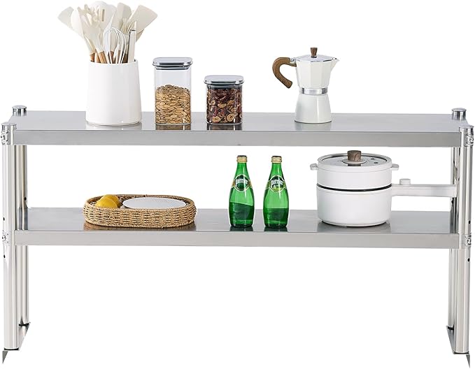 Stainless Steel Shelf 2 Tier Stainless Overshelf for Kitchen Prep Work Table 12 x 48 Inches Adjustable Commercial Steel Table OverShelf for Kitchen Restaurant Bar Utility Room Garage