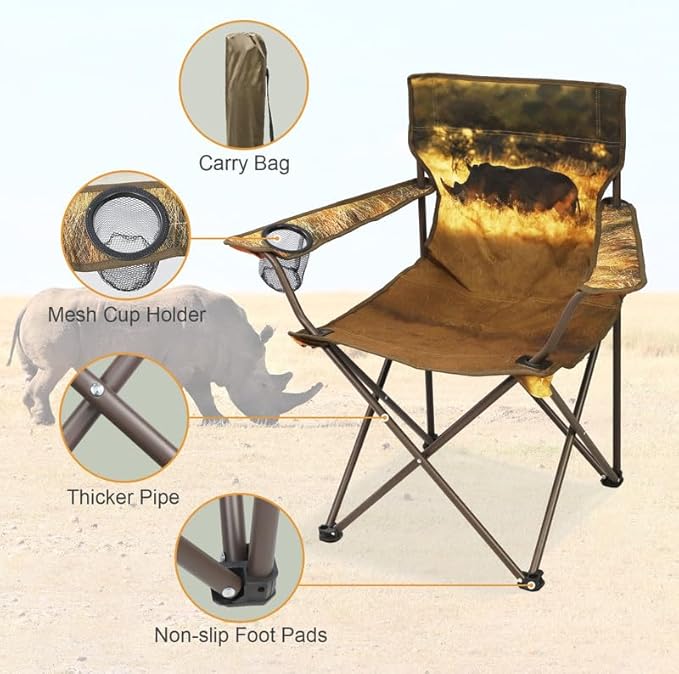 2 Pcs Animal Pattern Camping ChairFolding Backpacking Lightweight Beach Chair w/Cup HolderSide PocketCarry BagPortable Adults Lawn Chair for Family OutdoorHikingPartiesRhinoceros