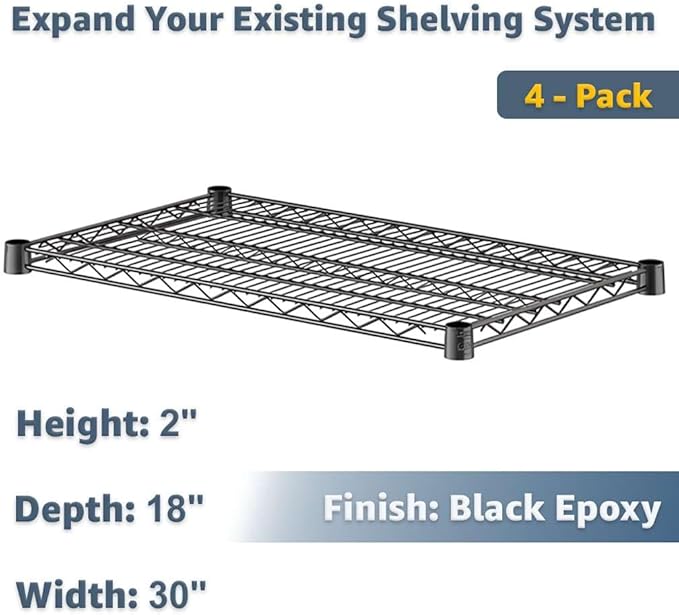 4-Pack Heavy Duty 18x30 Wire Shelf Black Epoxy 600 lb Load Capacity Industrial Storage Unit
