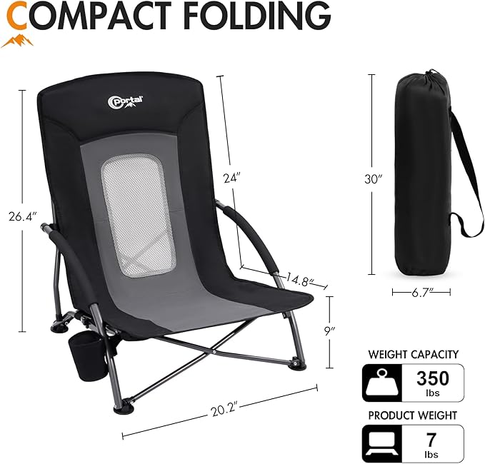 Portal Beach Chairs for Adults Camping Low Lightweight Portable Chair with Cup Holder Mesh Back Carry Bag for Outdoor Sand Lawn Travel Picnic Festival Concert