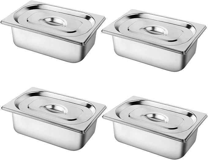 West Bay 4 Pack 1/4 Size Hotel Pan with Lids 4'' Deep Steam Table Pan with Lid 10.2''L x 6.3''W Stainless Steel Pans for Home Party Hotel Buffet