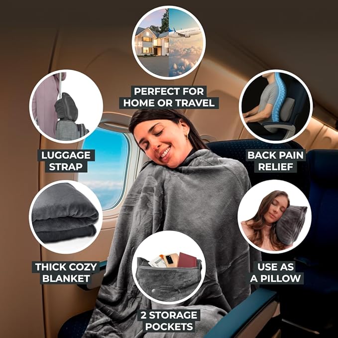 FlyHugz Grey Travel Blanket &amp Pillow Set (59.1x47.2) with Carry Case Luggage Sleeve &amp Clip – Portable Lightweight Breathable &amp Washable – Perfect for Plane Car Camping &amp Travel