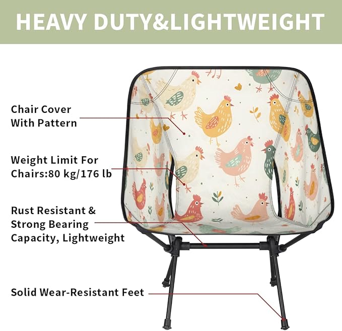 Cute Hens Roosters and Chick Portable Camping Chair Lightweight Folding Backpacking Chair Compact Foldable Beach Seat with Carry Bag for Outdoor Hiking Fishing Travel