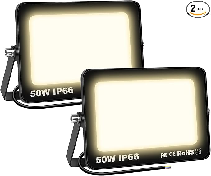 Willpower 2pcs Outdoor LED Floodlights 50W 5000LM LED Security Lights IP66 Waterproof 100V-250V Daylight Warm White 4000K Wall Light for Garden Garage Back Door Yard Lawn Court Patio
