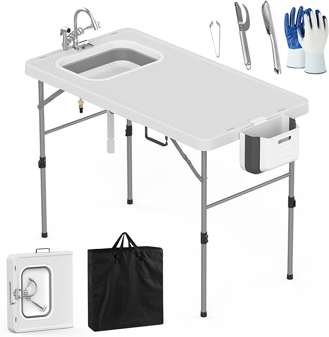 HLPB Fold in Half Folding Fish Cleaning Table with Sink Foldable Protable Camping Sink Table with Drainage Hose &amp Fish Cleaning Kit Fish Fillet Cutting Desk for Picnic Patio Backyard BBQ White