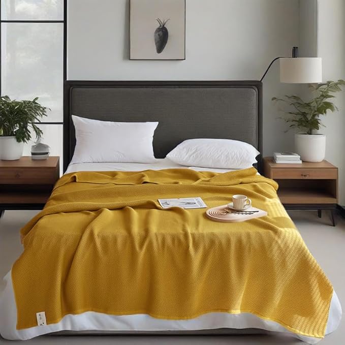 Bnitoam 100% Cotton Waffle Weave Blanket for Bed Couch Sofa 80x92 Soft Breathable Cooling Cellular Blanket for Adult Lightweight All Season Machine Washable Yellow (Yellow 80x92)