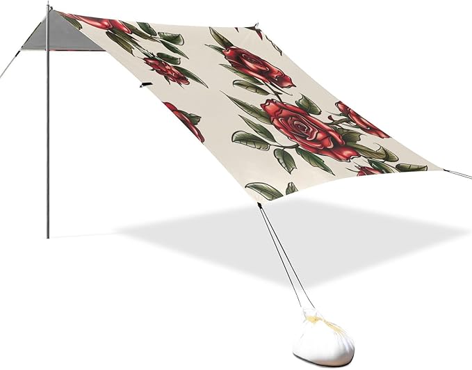 Rose Tattoo Pattern Beach Tent Sun Shelter 9.2' x 10.5' Beach Canopy with 4 Sandbags 4 Stability Poles Sand Shovels - Tent Canopy for Beach Camping Fishing Picnics
