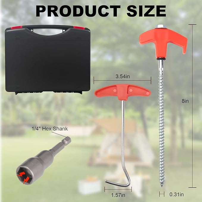 12 Pcs Tent Stakes Heavy Duty 8 inch Ground Anchors Screw in Screw in Tent Stakes Camping Stakes with Storage Box Threaded Tent Spikes with Hex Head Driver and Stake Puller Ground Stakes