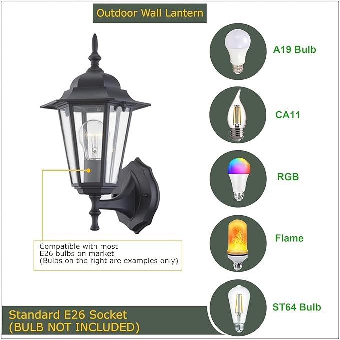 WISBEAM 2 Pack Outdoor Wall Light Black Wall Sconce for House Porch Lighting Fixture E26 Base 60W Max Metal Housing Plus Glass Wet Location Rated ETL Qualified Bulbs not Included