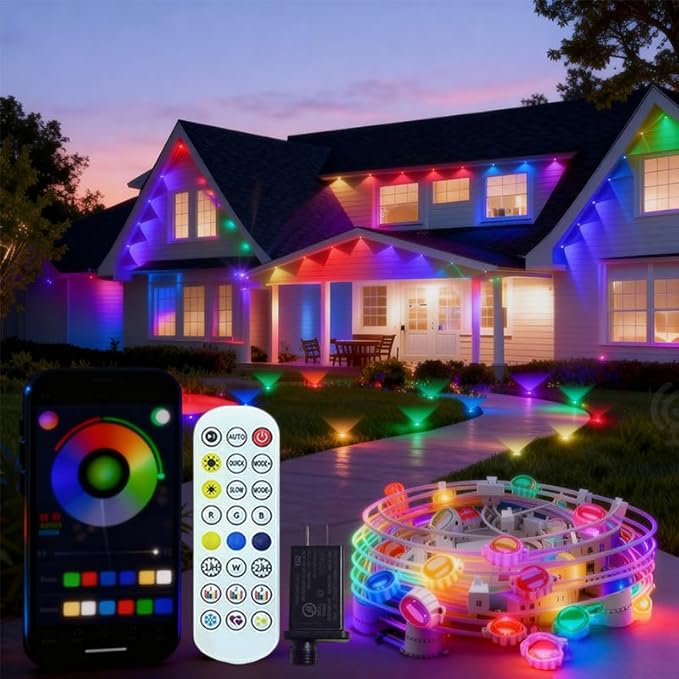 Permanent Outdoor LightsSmart RGB Outdoor Lights with Remote APP Control54ft with 36 LED(5v) IP67 Waterproof Outside Light for House for Holiday Party Daily(unconnectable)