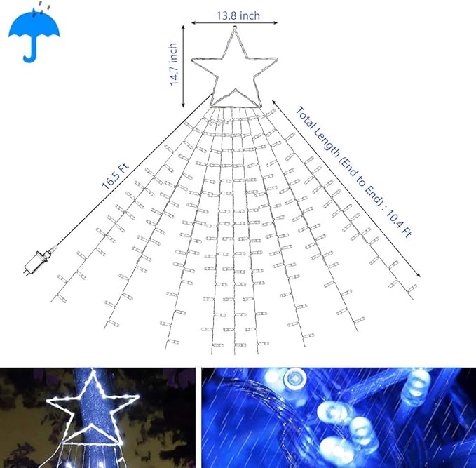 PUHONG Christmas Decoration Star Lights Outdoor320 LED 16.4Ft Christmas String Lights[8 Modes &amp Waterproof] for Halloween Xmas New Year Holiday(Iron) (White)