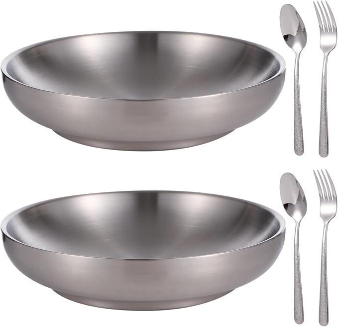 2 Stainless Steel Dinner Plates 7.9 In With Spoons And Forks Double-Layered For Home Camping And Picnic