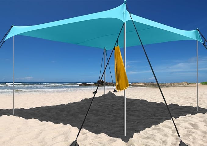 Beach Shade Windproof Design Sun Shelter UPF50+ Portable Family Canopy Tent with 8 Sandbag Anchors 10x10 FT 4 Poles Pop Up Outdoor Shelter for Beach Camping Fishing Backyard and Picnics
