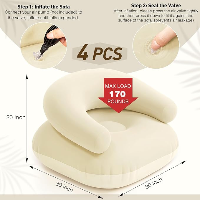 Novabright 4 Pcs Inflatable Chairs for Adults Blow Up Games Chairs Folding Portable Flocking Inflatable Sofa for Living Room Learning Camping Party (Beige)