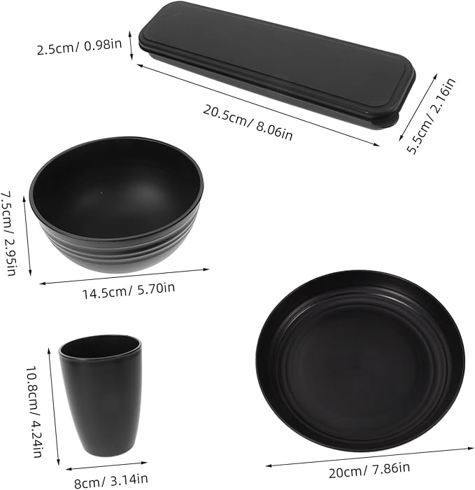 KICHOUSE 4sets Portable Camping Picnic Utensil Bowl Black Dinnerware Cutlery Case Rv Dishes Easy to Clean