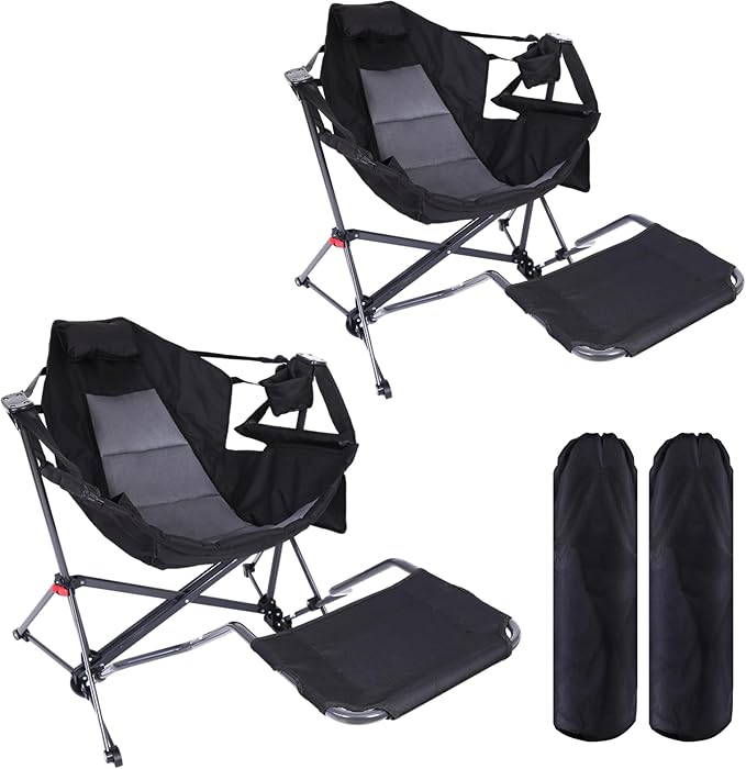 CDEN Hammock Chair with Footrest Rocking Camping Chair Swinging Camping Chairs with Detachable Footrest Cup Holder Side Pocket Armrest Foldable for Picnic Travel Festival (2 Pack)