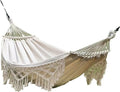 Bohemian Double Hammock for 2 Person Red White Striped Pattern with Tassels Heavy Duty Rope Outdoor with Carry Bag(White)