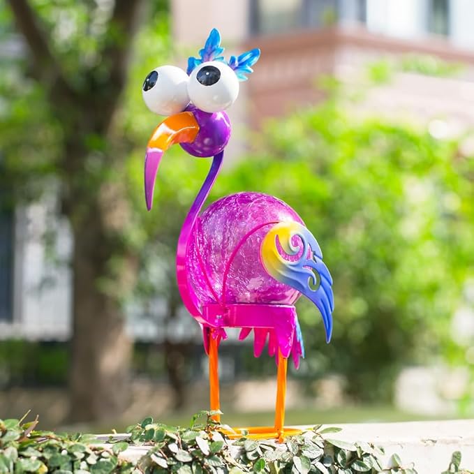 Funny Birds Solar Lanterns Outdoor Waterproof LED Solar Lights Crackle Glass Decorative Crane Tabletop Lantern Garden Yard Art Patio Porch Decor Gift for Women Moms (Purple)