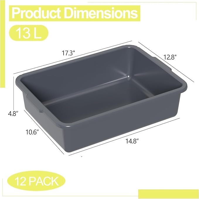 Jekiyo Gray Plastic Commercial Bus Bins 13 L Utility Bus Box 12 Pack