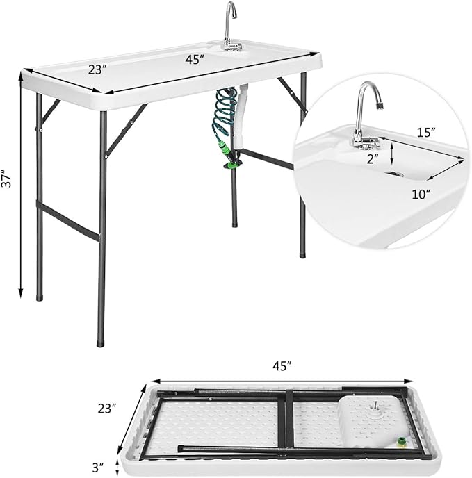 Goplus Portable Fish Cleaning Table with Sink Folding Outdoor Camping Sink Station with Hose Hook Up Heavy Duty Fillet Table with Faucet for Dock Beach Patio Picnic